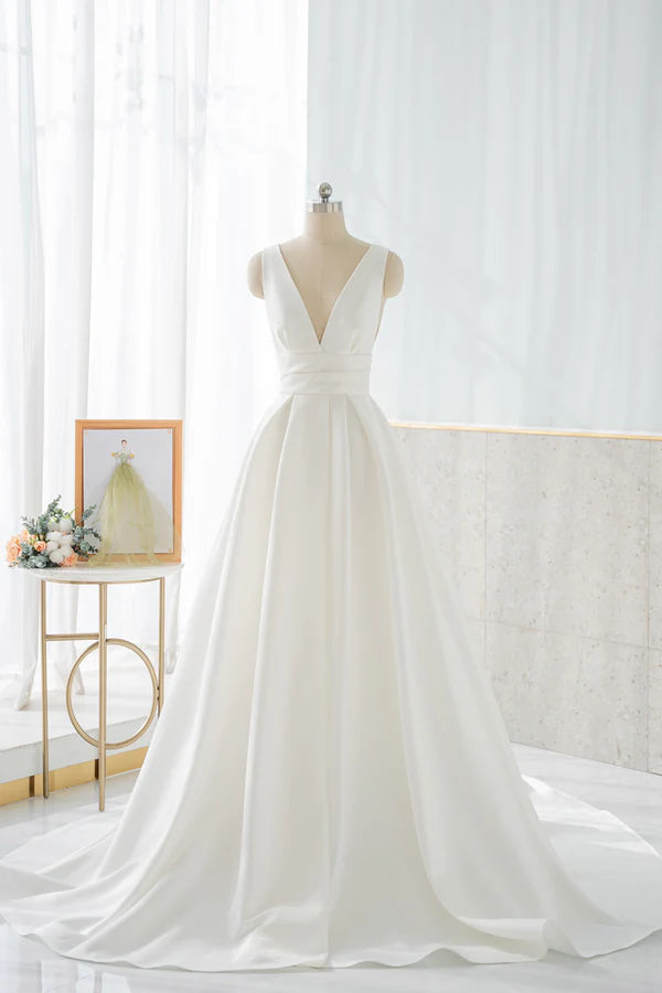 Wholesale White V-Neck Satin Long Prom Dress Simple A-Line Formal Dress
